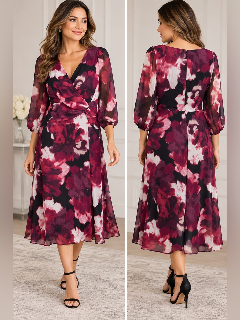 Dkny Berry Floral Wrap Midi Dress
